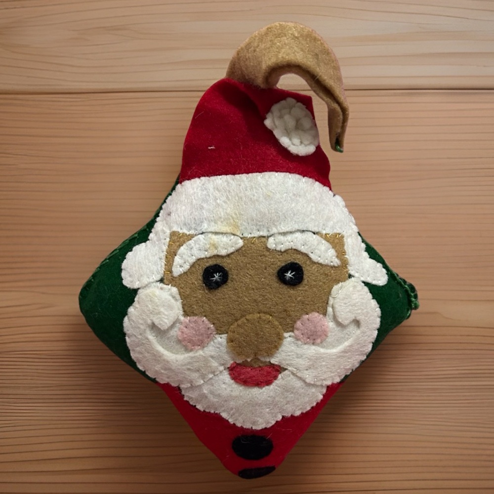 Vintage Felt Santa Face Christmas Tree Ornament 8” X 5” handmade